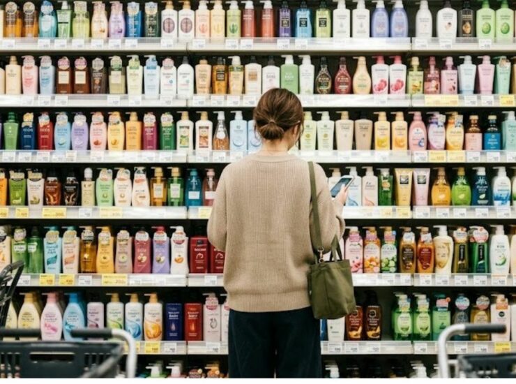 たくさんの商品の前で立ち尽くす人